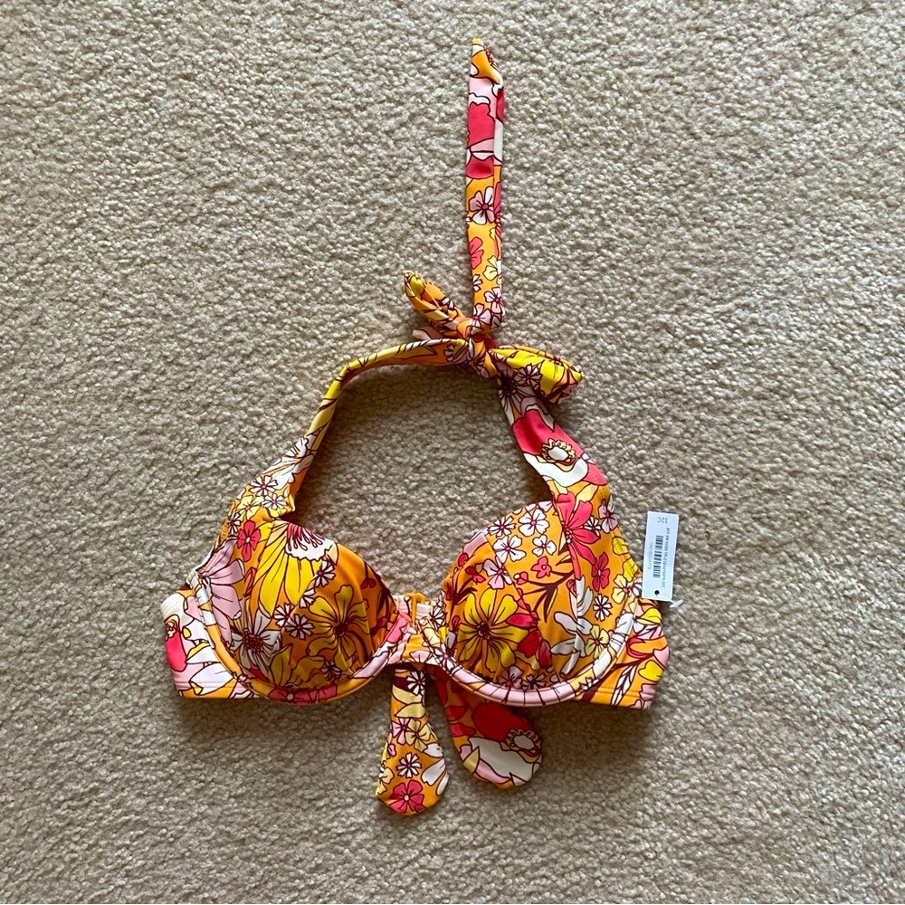 Adore Me Yellow Floral Lined Halter Swim Bikini Top Underwire Size 32 C